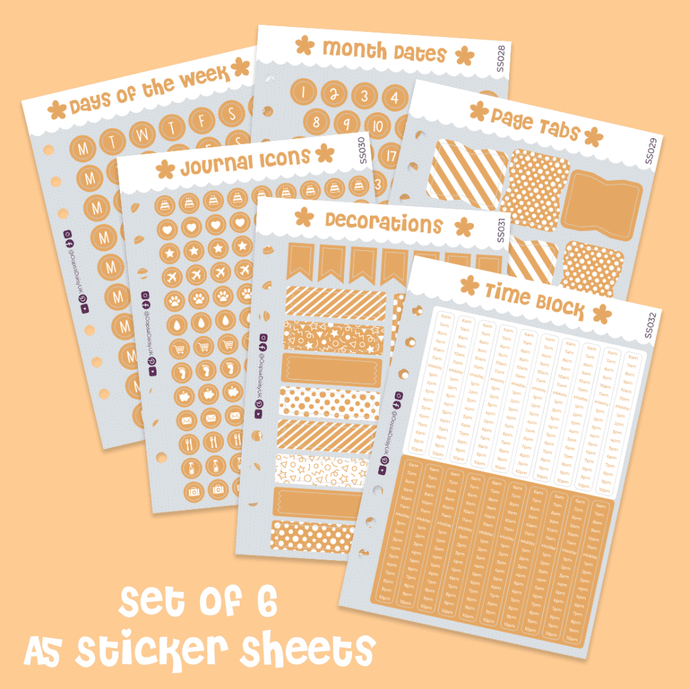 BuJo Basics - Set of 6 A5 Sticker Sheets - Orange