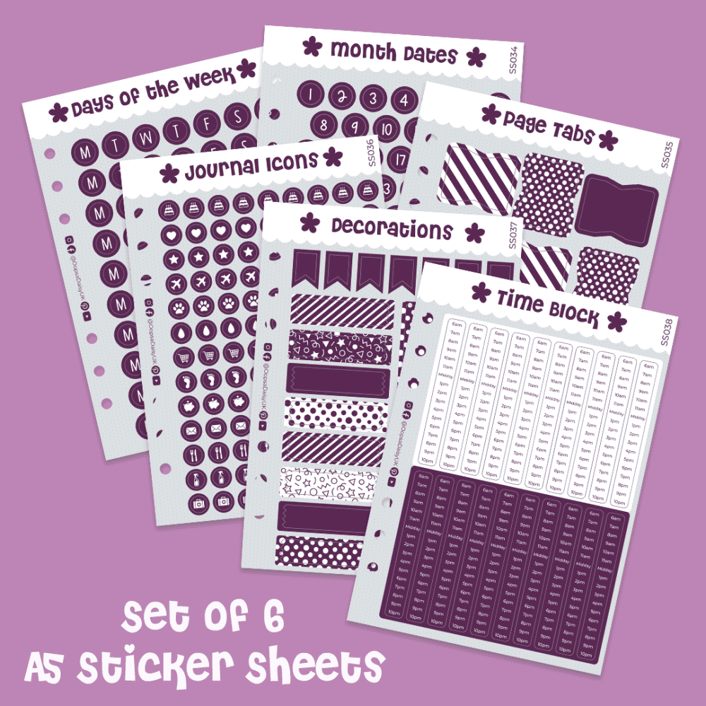 BuJo Basics - Set of 6 A5 Sticker Sheets - Purple