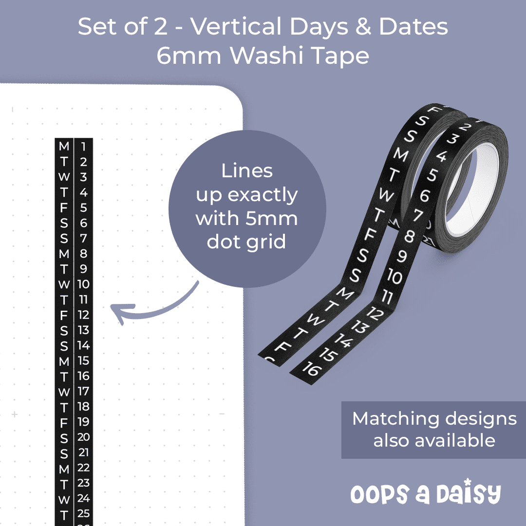 Vertical Days & Numbers - Skinny Washi Tape (Black)