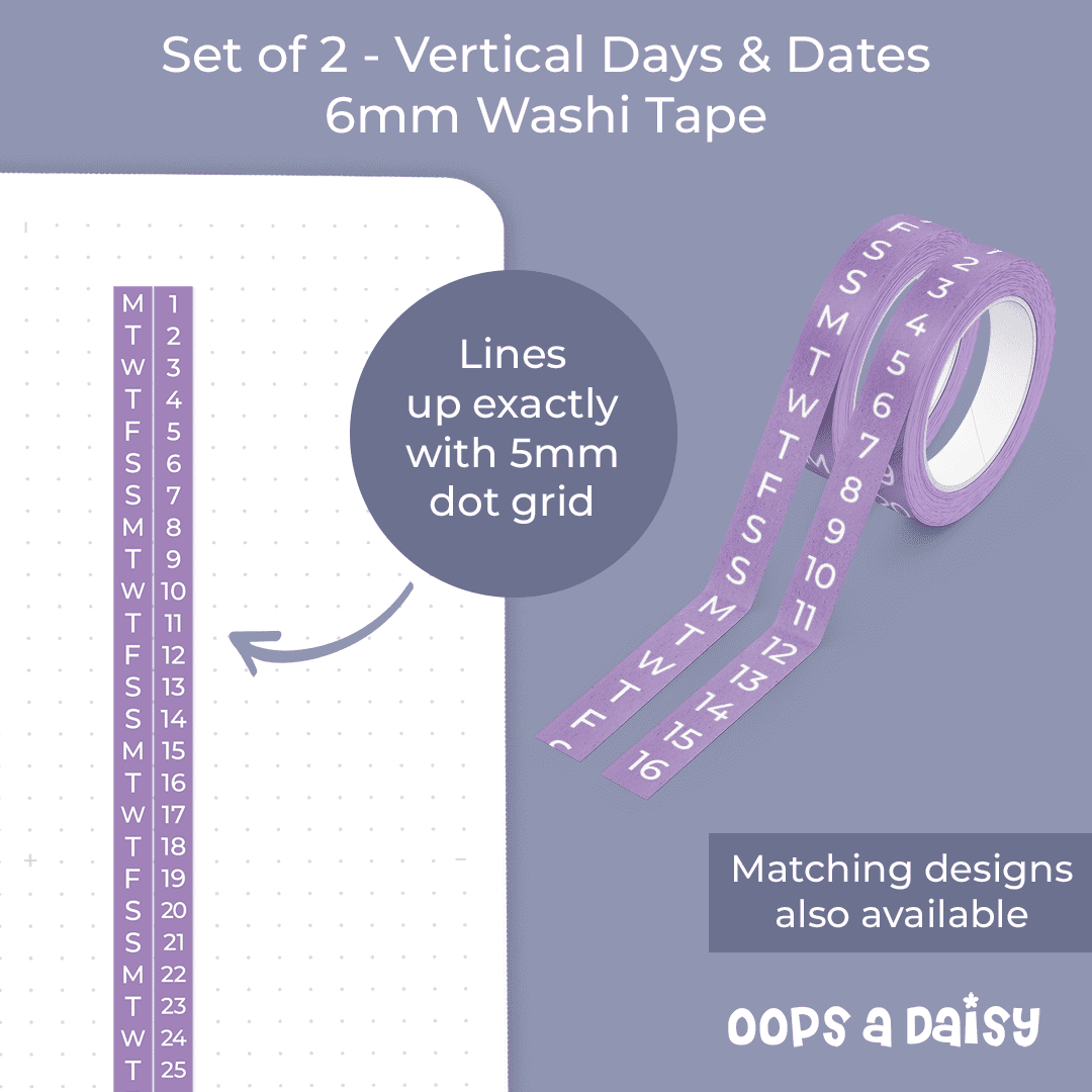 Vertical Days & Numbers - Skinny Washi Tape (Purple)