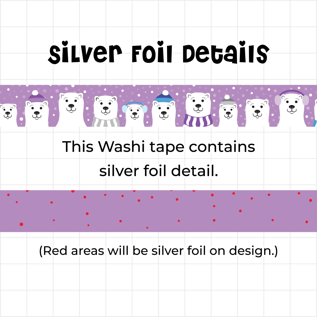 Bears in Hats - Polar Bear Washi Tape - Silver Foil Detail